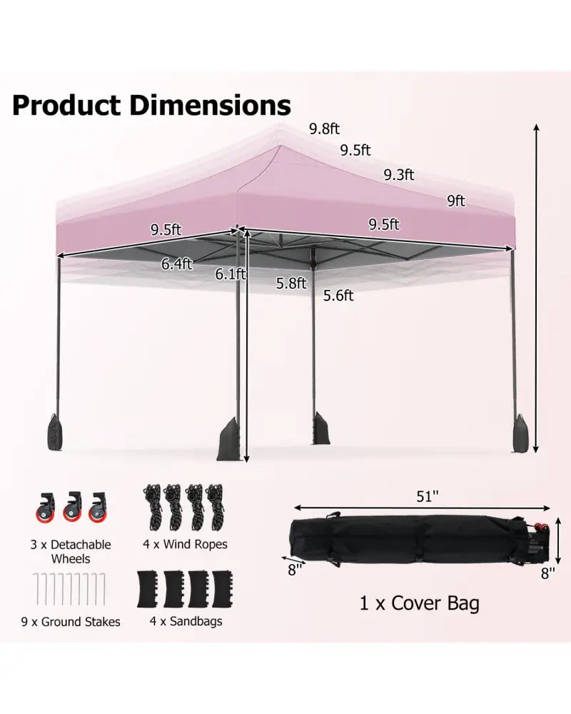 9.5 x 9.5 Feet Pop up Canopy Tent with Adjustable Heights-Pink - Pink - Canopies