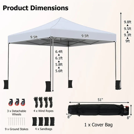 9.5 x 9.5 Feet Pop up Canopy Tent with Adjustable Heights-White - White - Canopies