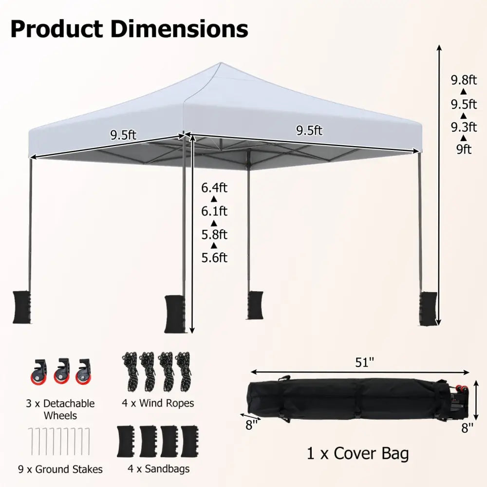 9.5 x 9.5 Feet Pop up Canopy Tent with Adjustable Heights-White - White - Canopies