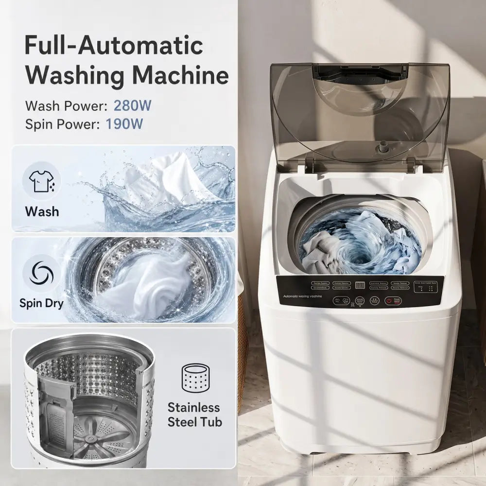 9.93 lbs Full Automatic Washing Machine with 8 Preset Programs-White - White - Washing Machines