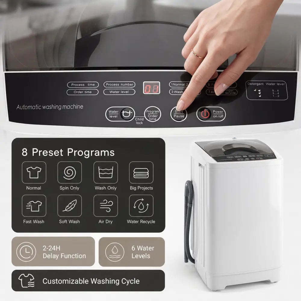 9.93 lbs Full Automatic Washing Machine with 8 Preset Programs-White - White - Washing Machines