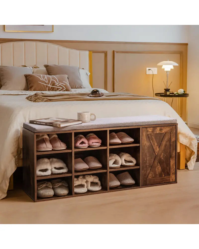 9-cube Adjustable Storage Shoe Bench with Padded Cushion-Rustic Brown - Rustic Brown - Shoe Racks & Storage Benches
