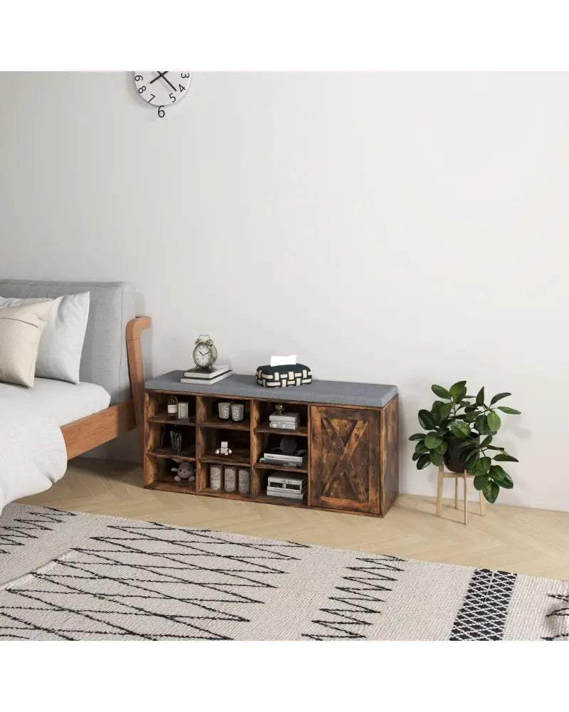9-cube Adjustable Storage Shoe Bench with Padded Cushion-Rustic Brown - Rustic Brown - Shoe Racks & Storage Benches