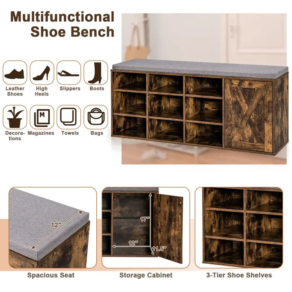 9-cube Adjustable Storage Shoe Bench with Padded Cushion-Rustic Brown - Rustic Brown - Shoe Racks & Storage Benches