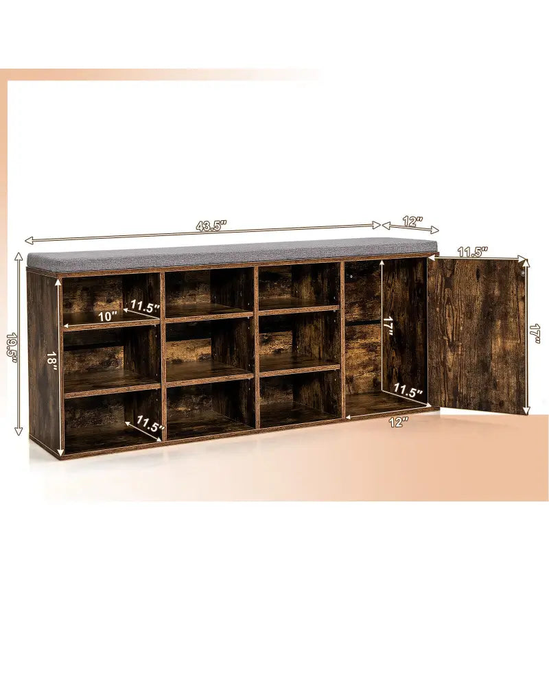 9-cube Adjustable Storage Shoe Bench with Padded Cushion-Rustic Brown - Rustic Brown - Shoe Racks & Storage Benches