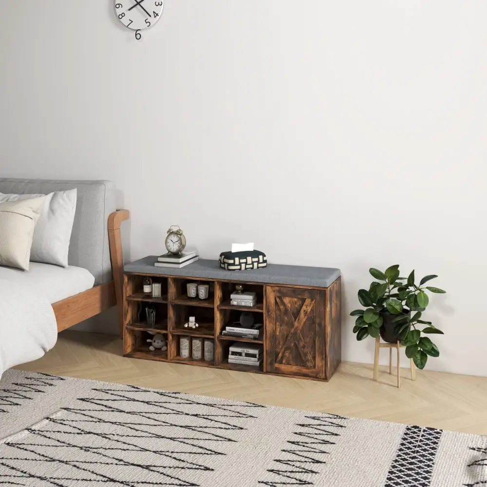 9-cube Adjustable Storage Shoe Bench with Padded Cushion-Rustic Brown - Rustic Brown - Shoe Racks & Storage Benches