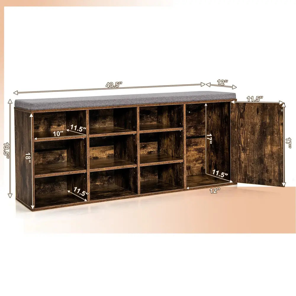 9-cube Adjustable Storage Shoe Bench with Padded Cushion-Rustic Brown - Rustic Brown - Shoe Racks & Storage Benches