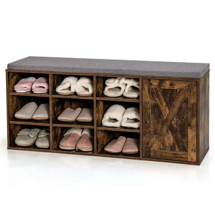9-cube Adjustable Storage Shoe Bench with Padded Cushion-Rustic Brown - Rustic Brown - Shoe Racks & Storage Benches