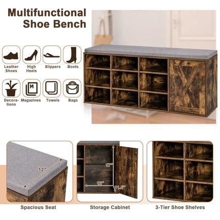 9-cube Adjustable Storage Shoe Bench with Padded Cushion-Rustic Brown - Rustic Brown - Shoe Racks & Storage Benches