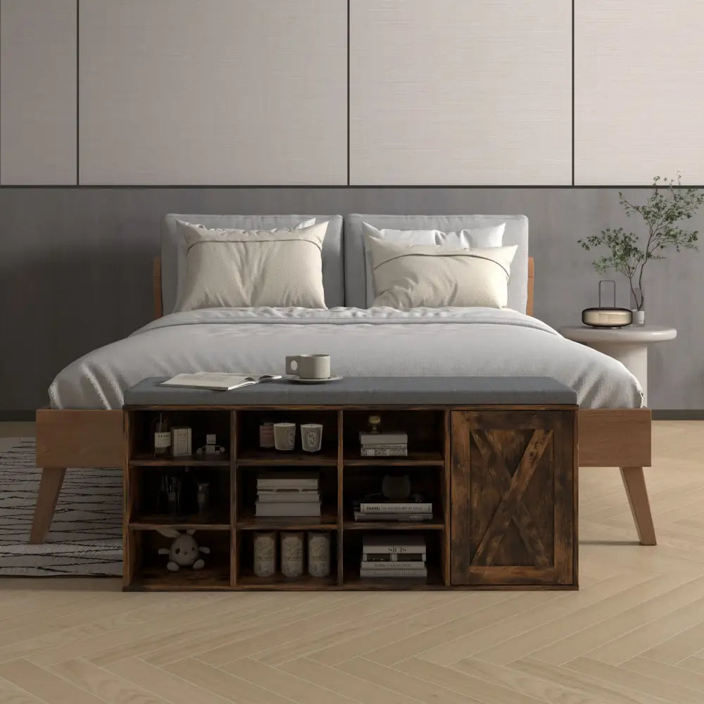 9-cube Adjustable Storage Shoe Bench with Padded Cushion-Rustic Brown - Rustic Brown - Shoe Racks & Storage Benches