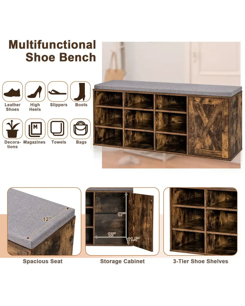 9-cube Adjustable Storage Shoe Bench with Padded Cushion-Rustic Brown - Rustic Brown - Shoe Racks & Storage Benches