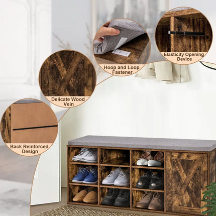 9-cube Adjustable Storage Shoe Bench with Padded Cushion-Rustic Brown - Rustic Brown - Shoe Racks & Storage Benches