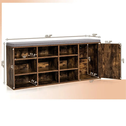 9-cube Adjustable Storage Shoe Bench with Padded Cushion-Rustic Brown - Rustic Brown - Shoe Racks & Storage Benches
