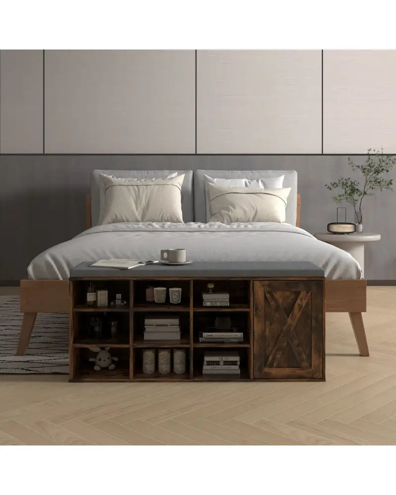 9-cube Adjustable Storage Shoe Bench with Padded Cushion-Rustic Brown - Rustic Brown - Shoe Racks & Storage Benches