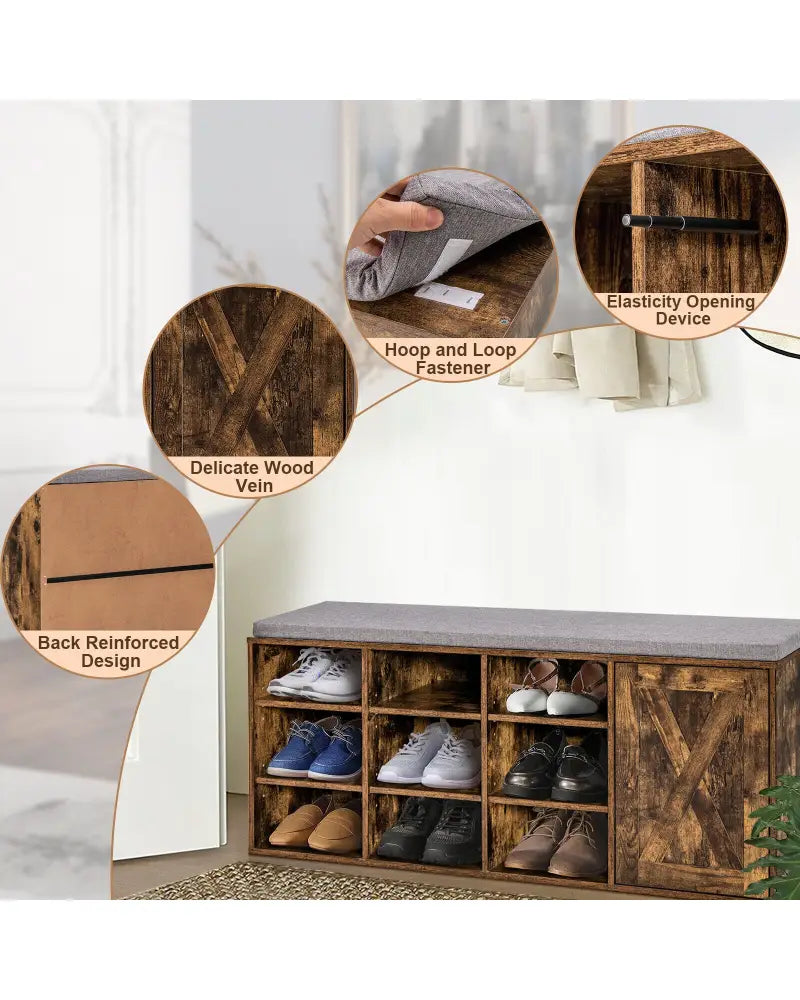 9-cube Adjustable Storage Shoe Bench with Padded Cushion-Rustic Brown - Rustic Brown - Shoe Racks & Storage Benches