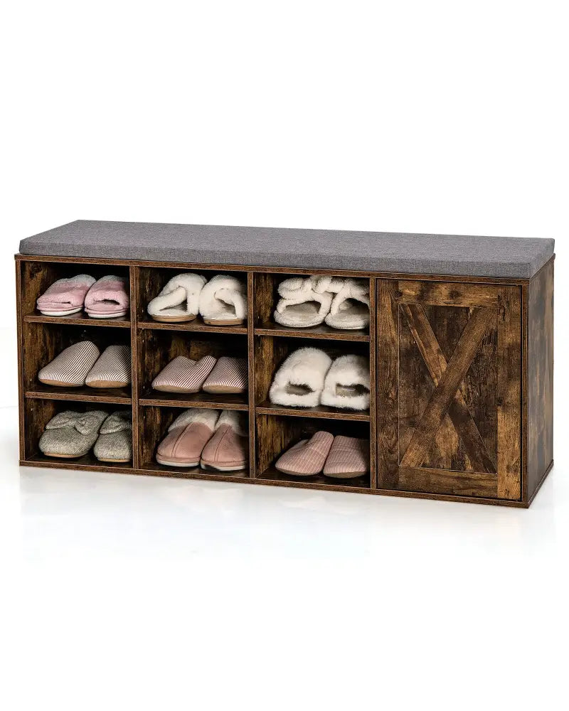 9-cube Adjustable Storage Shoe Bench with Padded Cushion-Rustic Brown - Rustic Brown - Shoe Racks & Storage Benches