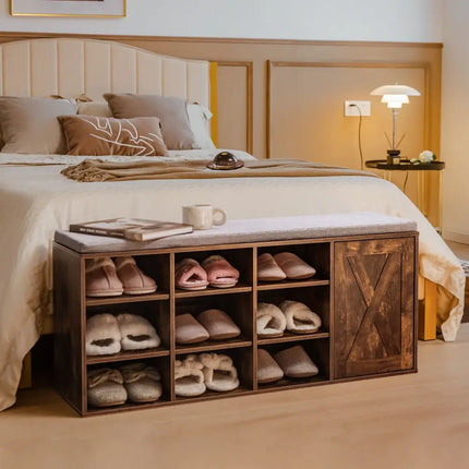 9-cube Adjustable Storage Shoe Bench with Padded Cushion-Rustic Brown - Rustic Brown - Shoe Racks & Storage Benches
