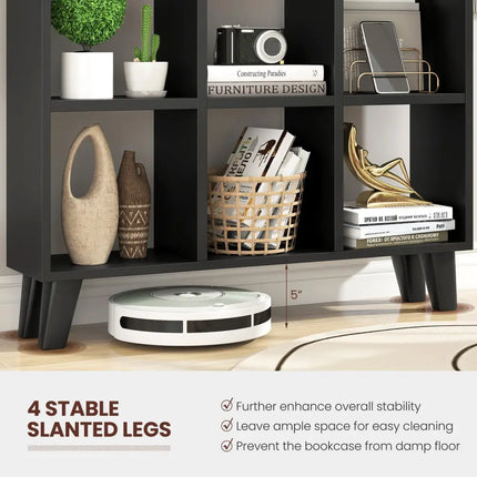 9-Cube Bookcase with 6 Removable Shelves and Raised Support Feet-Black - Black - Bookcases