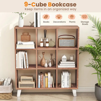 9-Cube Bookcase with 6 Removable Shelves and Raised Support Feet-Brown - Brown - Bookcases