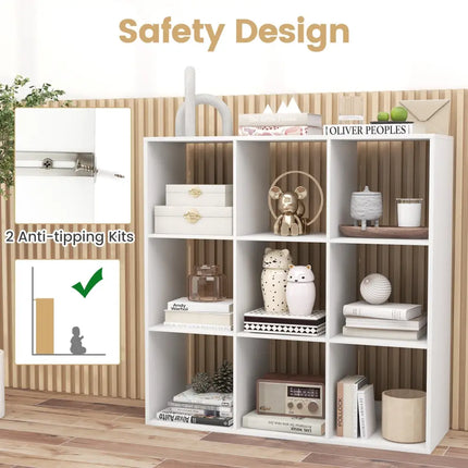 9 Cube Bookshelf with Back Guardrail for Living Room Bedroom-White - White - Bookcases