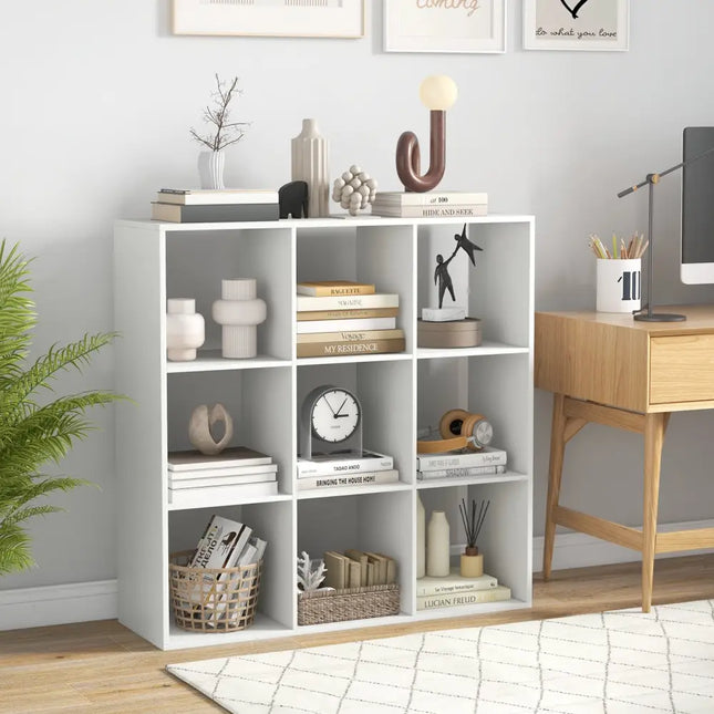 9 Cube Bookshelf with Back Guardrail for Living Room Bedroom-White - White - Bookcases