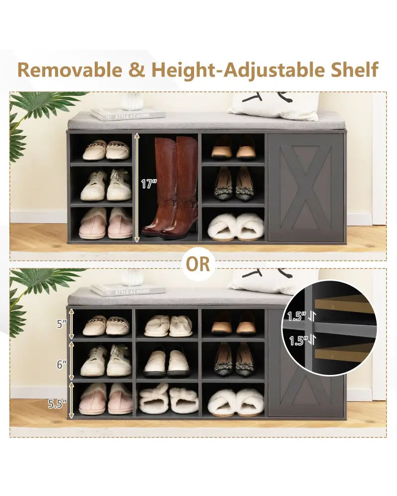 9-cube Shoe Bench with Adjustable Shelves and Removable Padded Cushion-Gray - Gray - Shoe Racks & Storage Benches