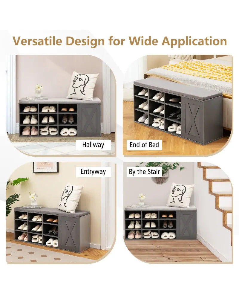 9-cube Shoe Bench with Adjustable Shelves and Removable Padded Cushion-Gray - Gray - Shoe Racks & Storage Benches