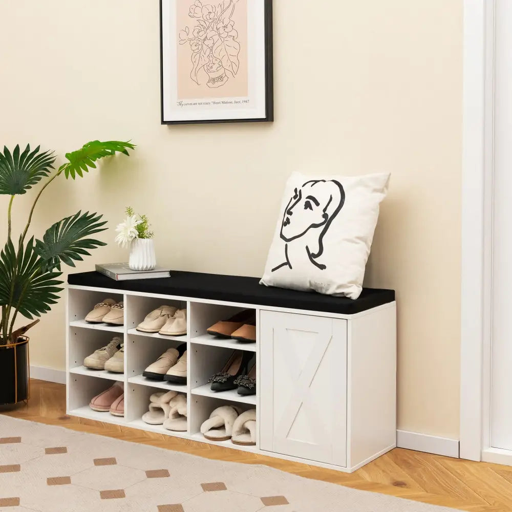 9-cube Shoe Bench with Adjustable Shelves and Removable Padded Cushion-White - White - Shoe Racks & Storage Benches