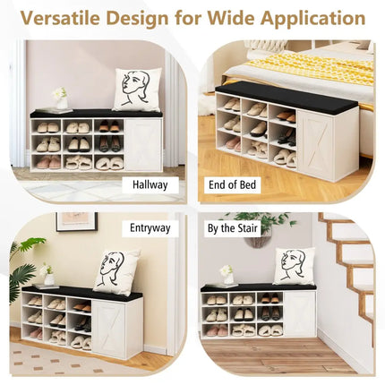 9-cube Shoe Bench with Adjustable Shelves and Removable Padded Cushion-White - White - Shoe Racks & Storage Benches