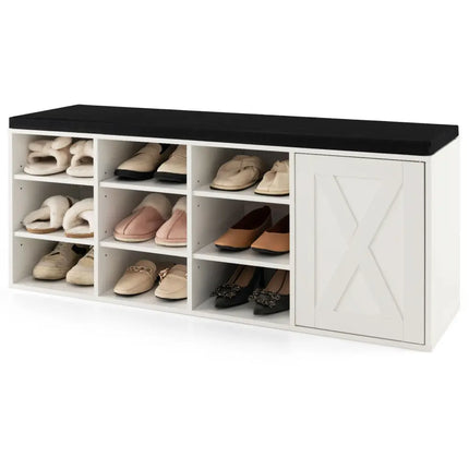 9-cube Shoe Bench with Adjustable Shelves and Removable Padded Cushion-White - White - Shoe Racks & Storage Benches