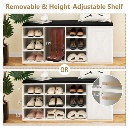 9-cube Shoe Bench with Adjustable Shelves and Removable Padded Cushion-White - White - Shoe Racks & Storage Benches