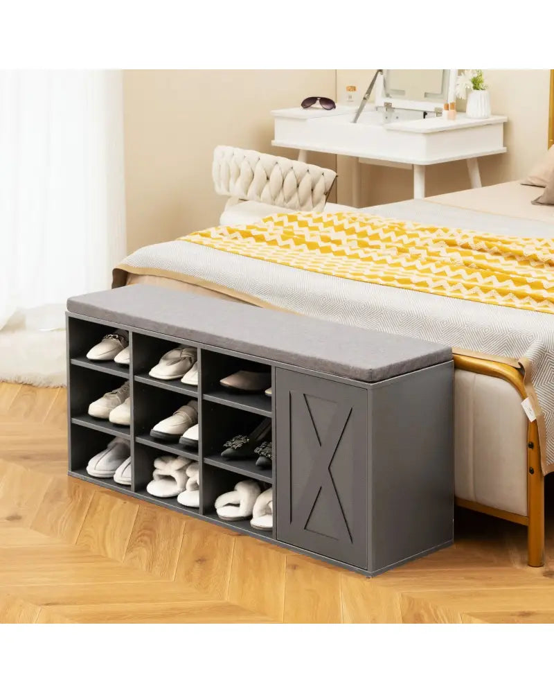 9-cube Shoe Bench with Adjustable Shelves and Removable Padded Cushion-Gray - Gray - Shoe Racks & Storage Benches