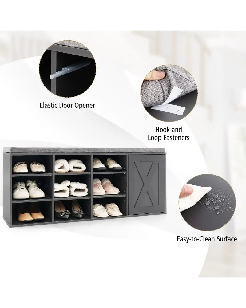 9-cube Shoe Bench with Adjustable Shelves and Removable Padded Cushion-Gray - Gray - Shoe Racks & Storage Benches
