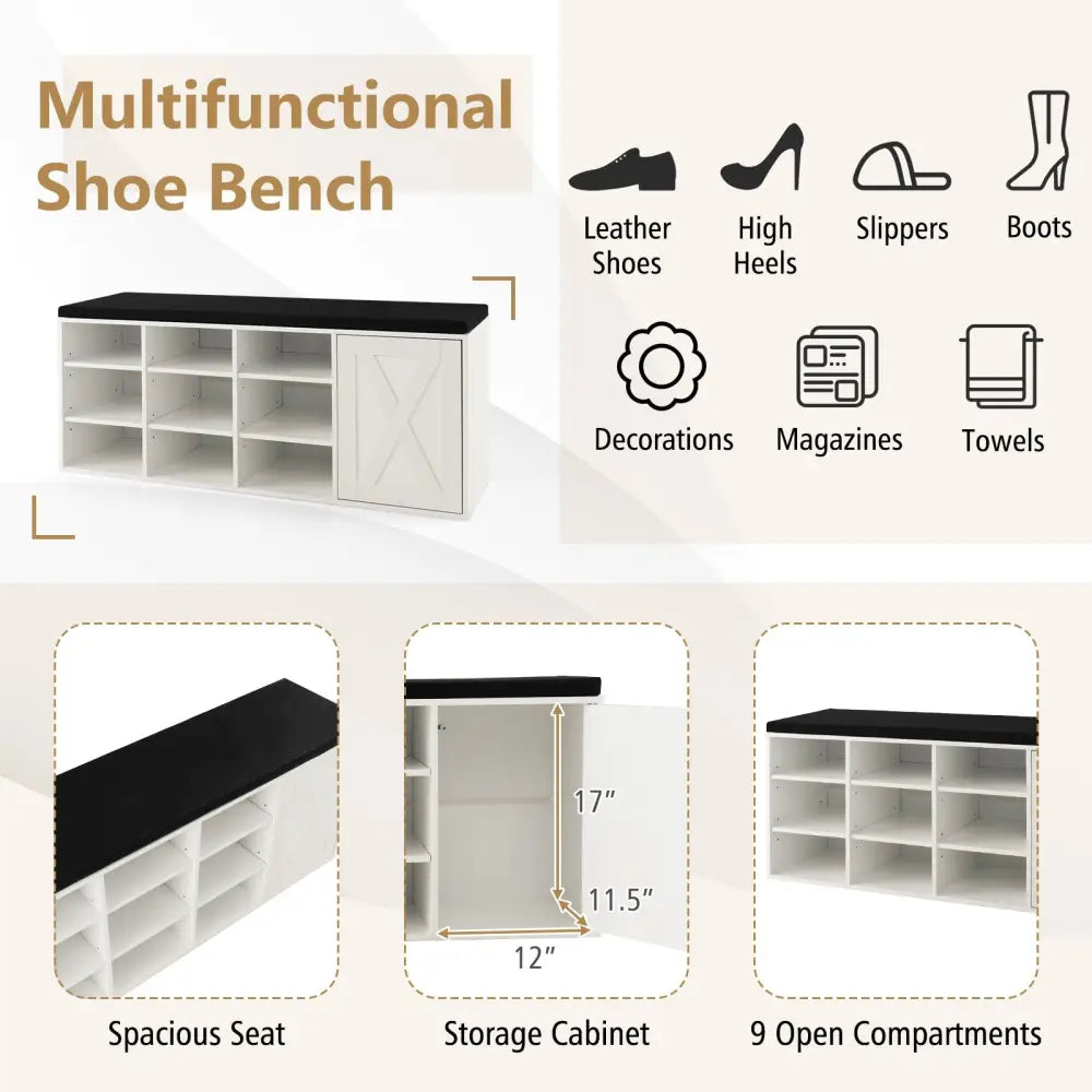 9-cube Shoe Bench with Adjustable Shelves and Removable Padded Cushion-White - White - Shoe Racks & Storage Benches