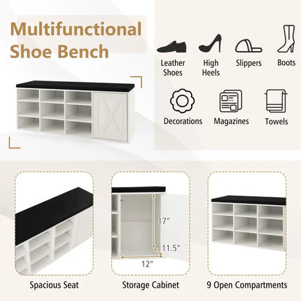 9-cube Shoe Bench with Adjustable Shelves and Removable Padded Cushion-White - White - Shoe Racks & Storage Benches