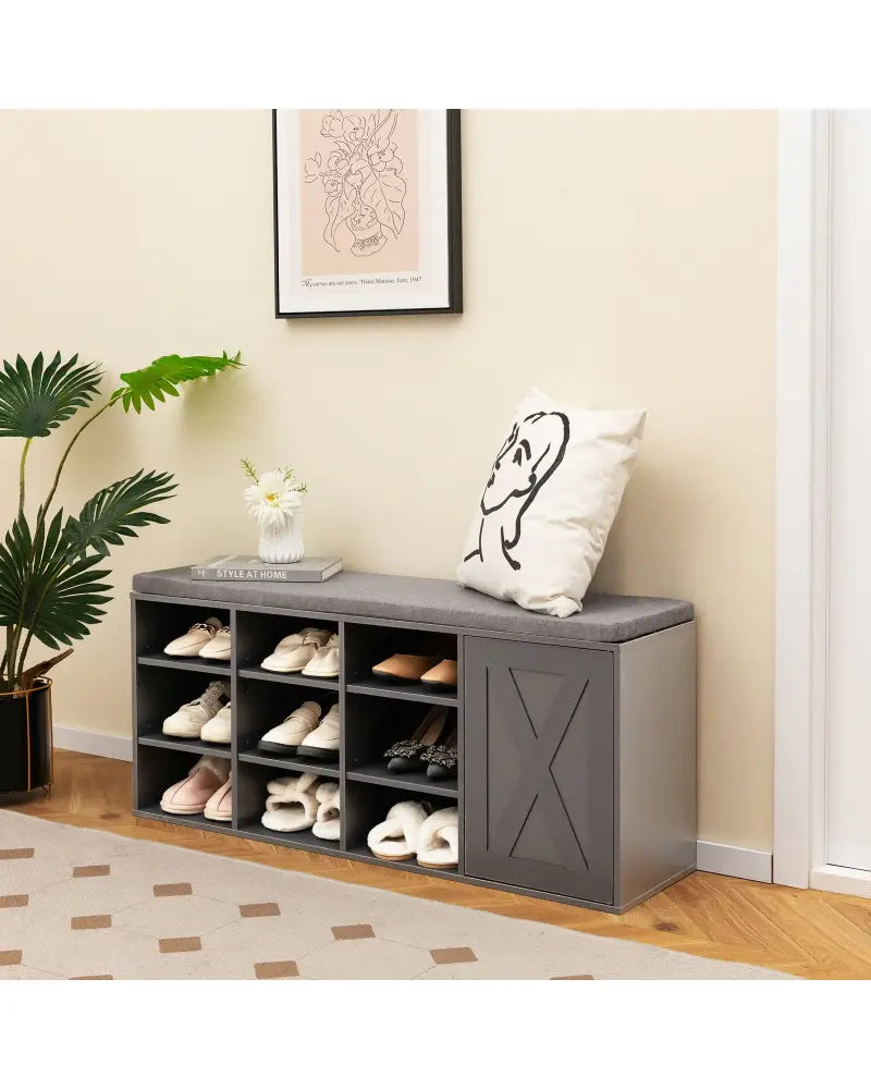 9-cube Shoe Bench with Adjustable Shelves and Removable Padded Cushion-Gray - Gray - Shoe Racks & Storage Benches