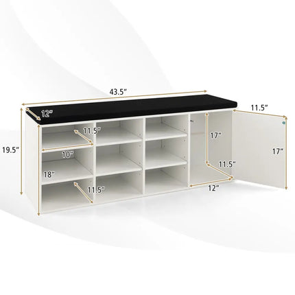 9-cube Shoe Bench with Adjustable Shelves and Removable Padded Cushion-White - White - Shoe Racks & Storage Benches