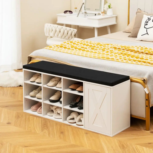 9-cube Shoe Bench with Adjustable Shelves and Removable Padded Cushion-White - White - Shoe Racks & Storage Benches