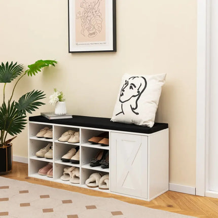 9-cube Shoe Bench with Adjustable Shelves and Removable Padded Cushion-White - White - Shoe Racks & Storage Benches