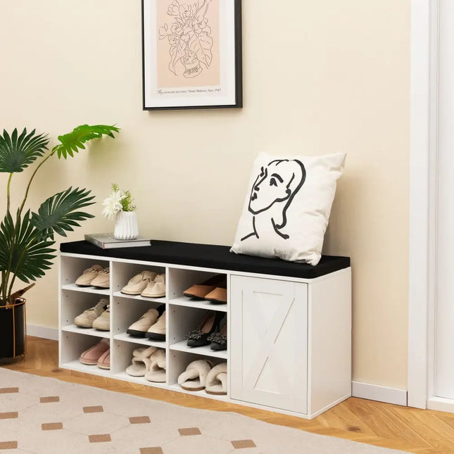 9-cube Shoe Bench with Adjustable Shelves and Removable Padded Cushion-White - White - Shoe Racks & Storage Benches