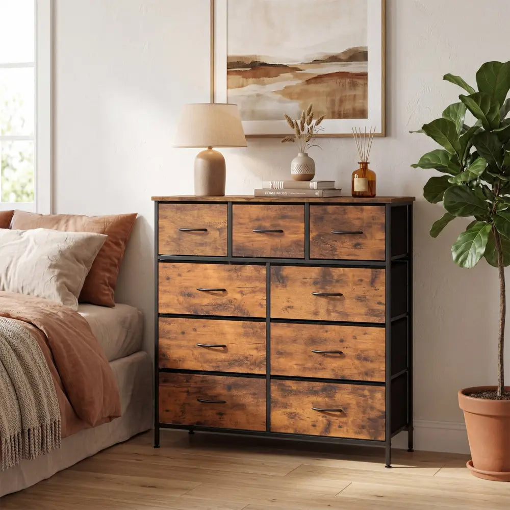 9-Drawer Fabric Dresser with Wooden Top for Bedroom-Rustic Brown - Rustic Brown - Dressers & Chests