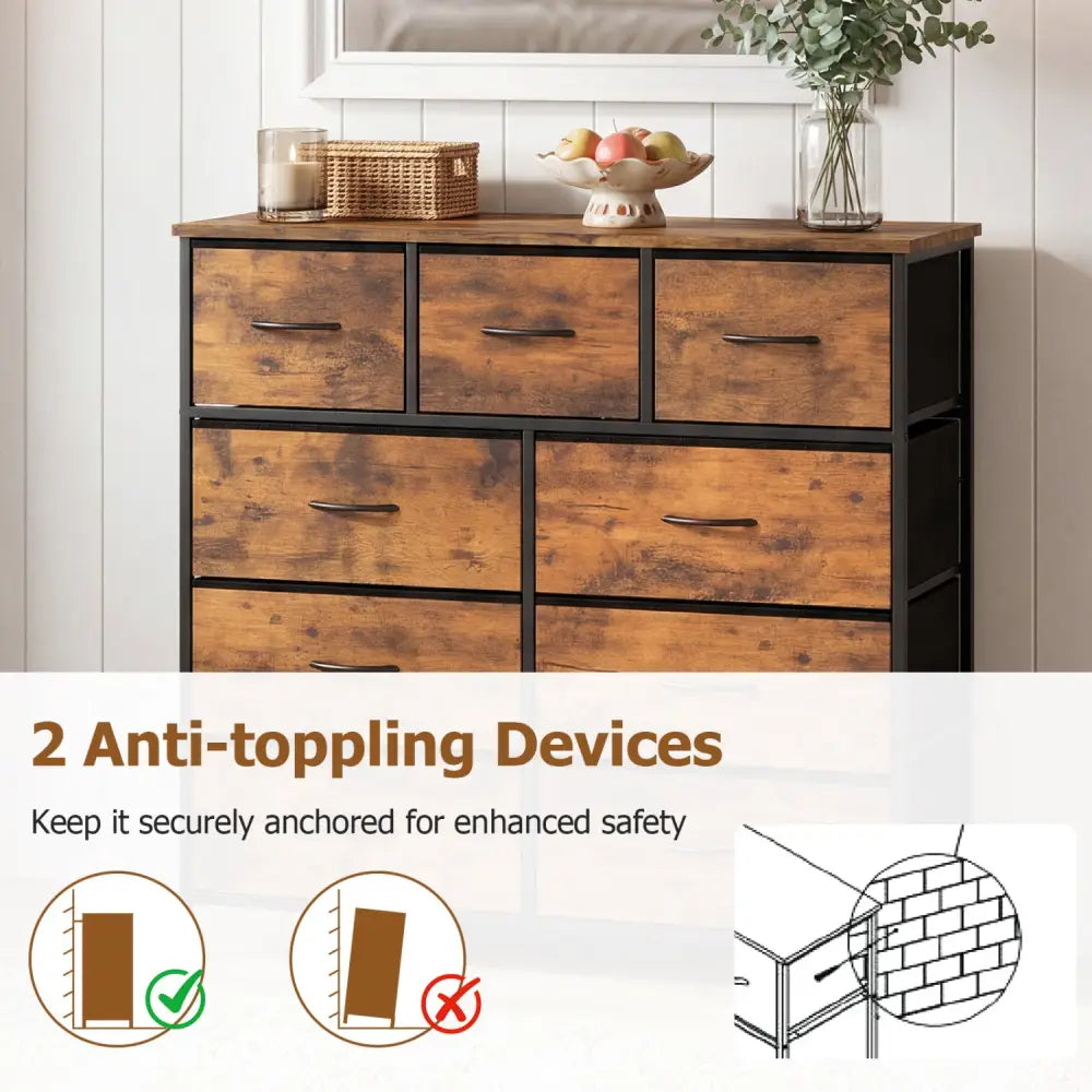 9-Drawer Fabric Dresser with Wooden Top for Bedroom-Rustic Brown - Rustic Brown - Dressers & Chests