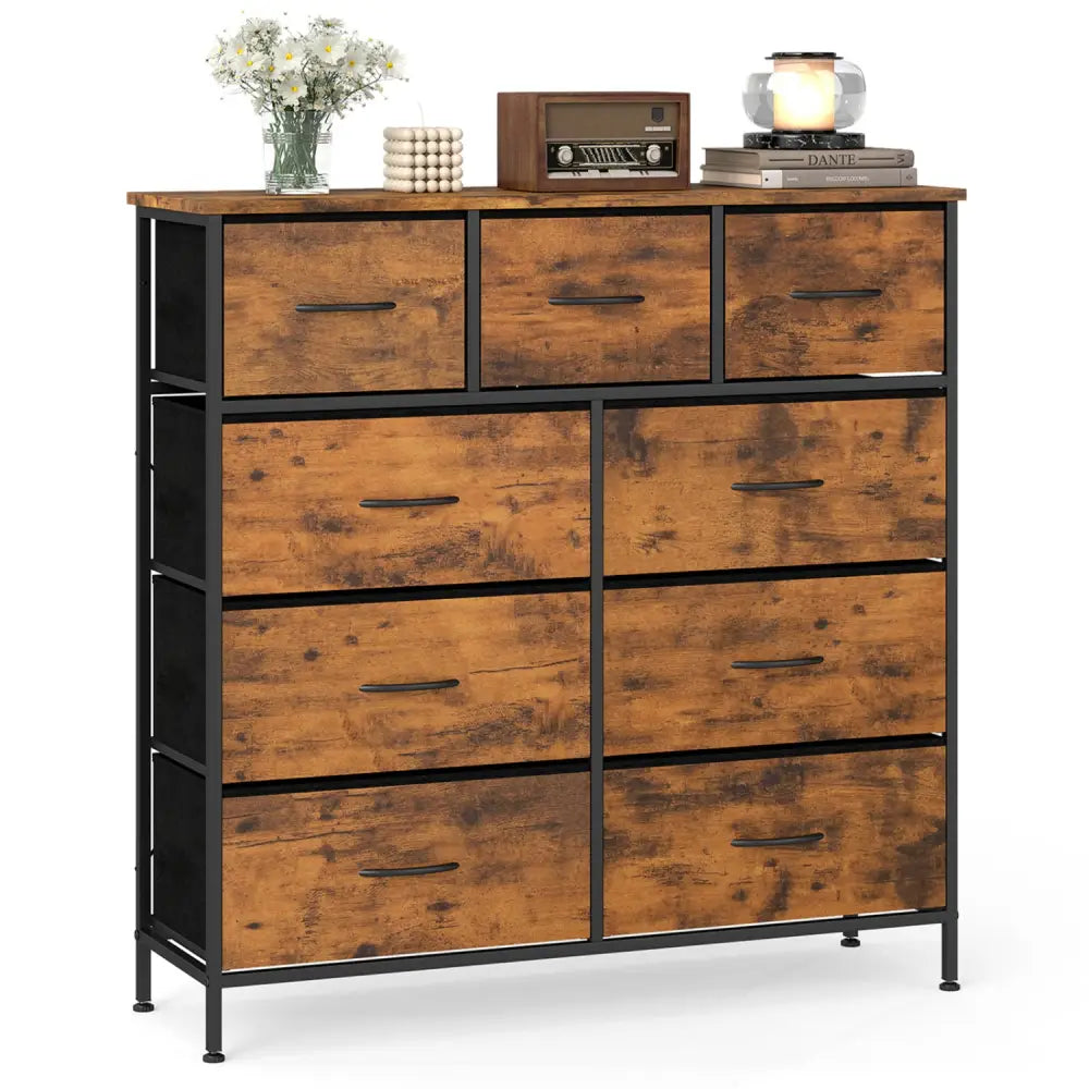 9-Drawer Fabric Dresser with Wooden Top for Bedroom-Rustic Brown - Rustic Brown - Dressers & Chests