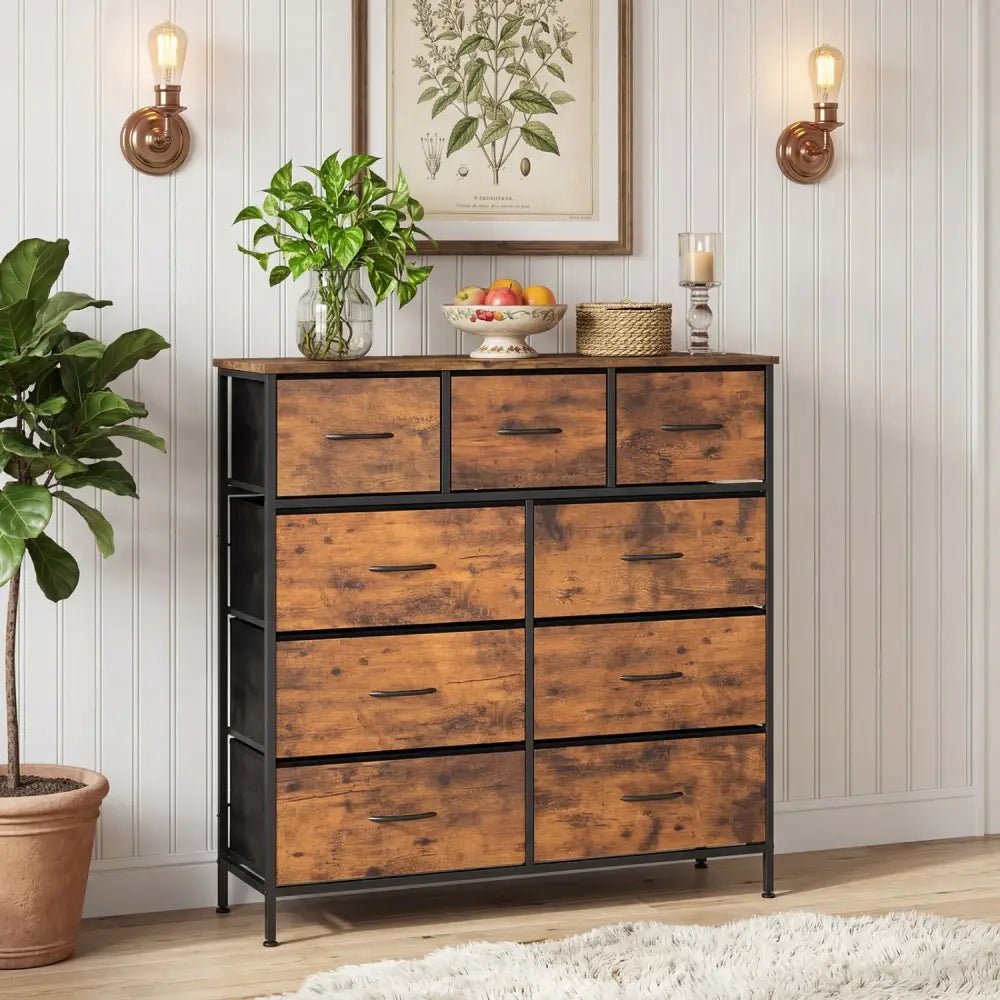 9-Drawer Fabric Dresser with Wooden Top for Bedroom-Rustic Brown - Rustic Brown - Dressers & Chests