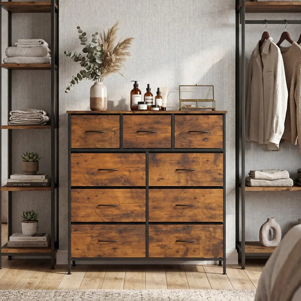 9-Drawer Fabric Dresser with Wooden Top for Bedroom-Rustic Brown - Rustic Brown - Dressers & Chests
