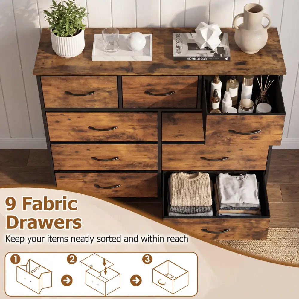 9-Drawer Fabric Dresser with Wooden Top for Bedroom-Rustic Brown - Rustic Brown - Dressers & Chests