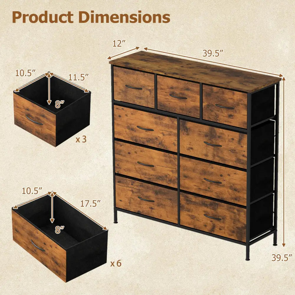 9-Drawer Fabric Dresser with Wooden Top for Bedroom-Rustic Brown - Rustic Brown - Dressers & Chests