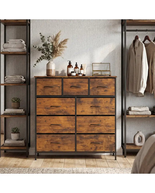 9-Drawer Fabric Dresser with Wooden Top for Bedroom-Rustic Brown - Rustic Brown - Dressers & Chests