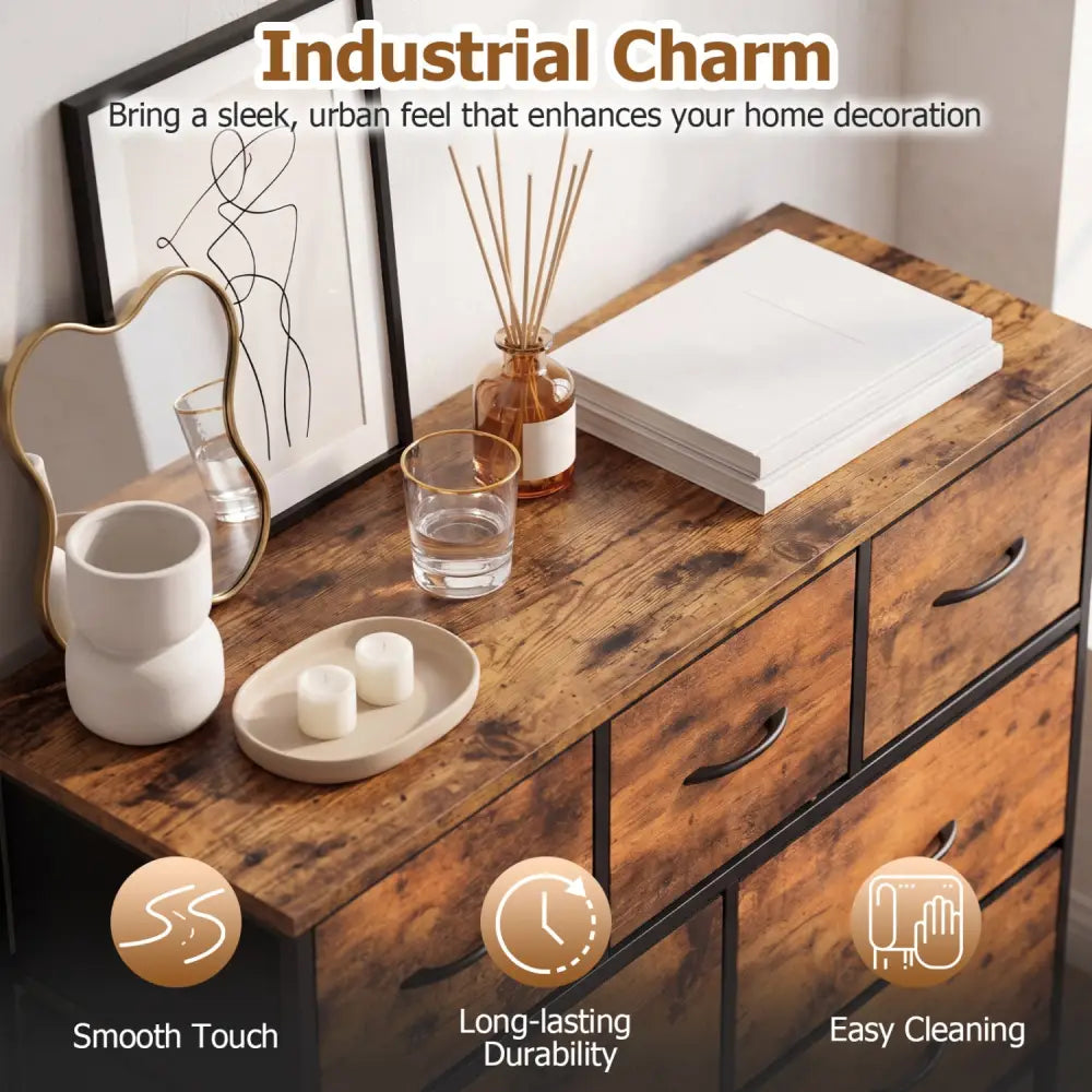 9-Drawer Fabric Dresser with Wooden Top for Bedroom-Rustic Brown - Rustic Brown - Dressers & Chests