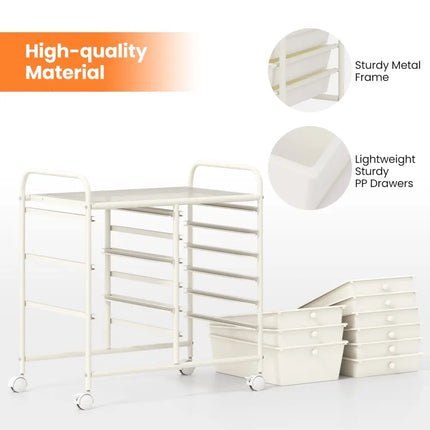 9-Drawer Rolling Storage Cart with Colorful Drawers and Metal Frame-White - White - File Cabinets